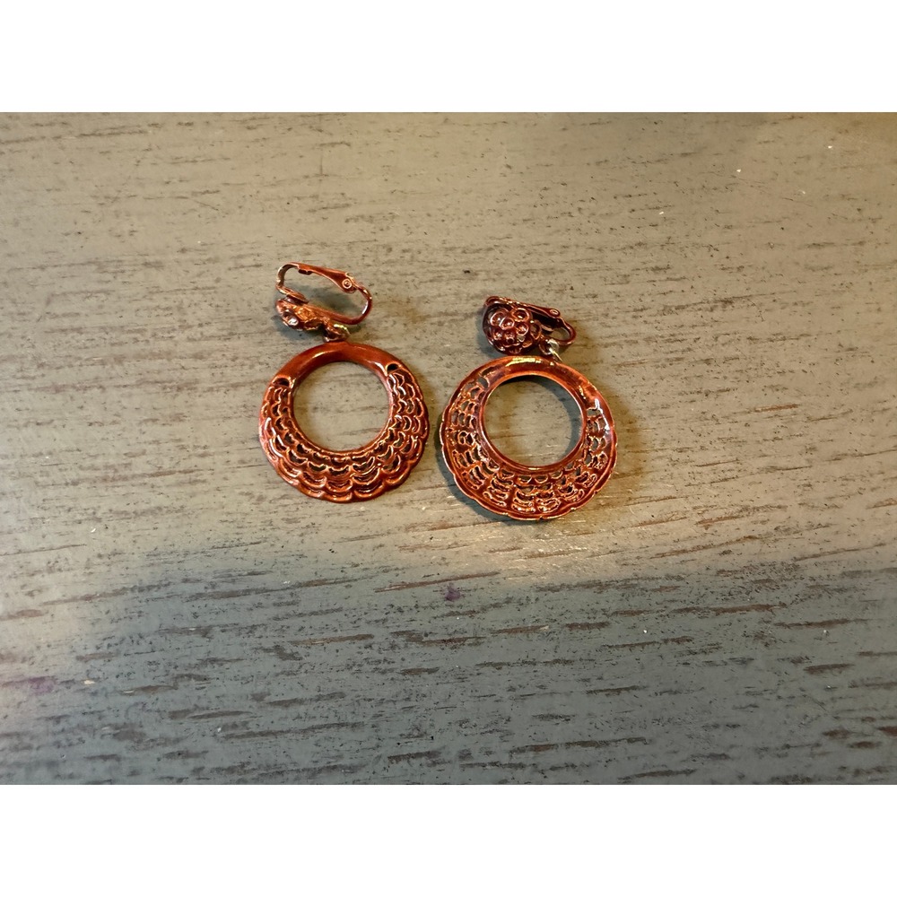Vintage Copper Tone Filigree Circle Clip On Drop Earrings Bohemian Retro Style